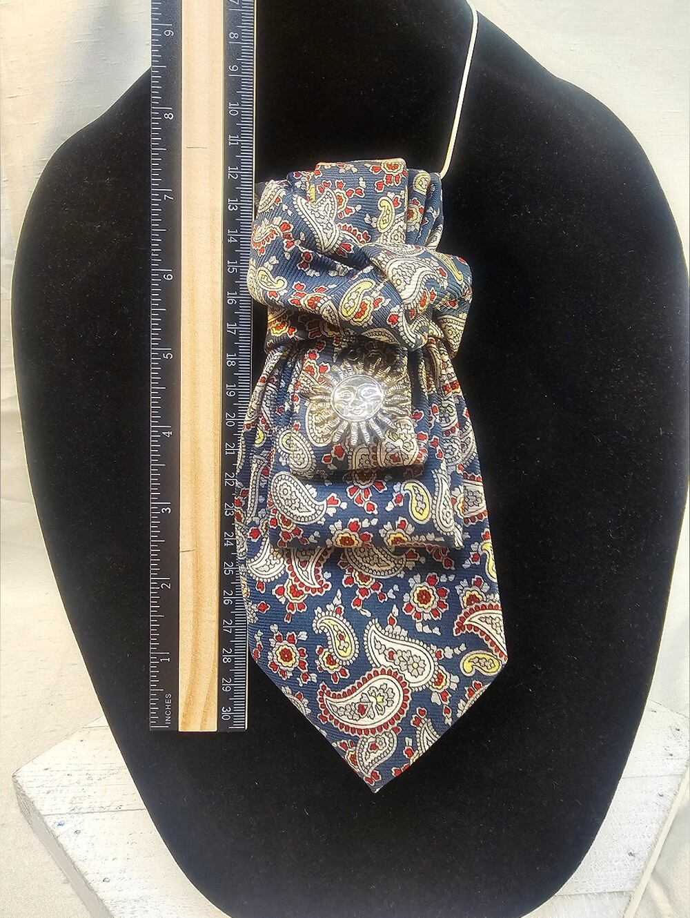 Women's Paisley Blue Silk Necktie With Sun Charm Necklace - Picture 4 of 6
